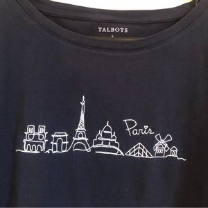 Talbots Long Sleeve Paris Embroidered Crew Neck Tee Navy 100% Cotton Size Large